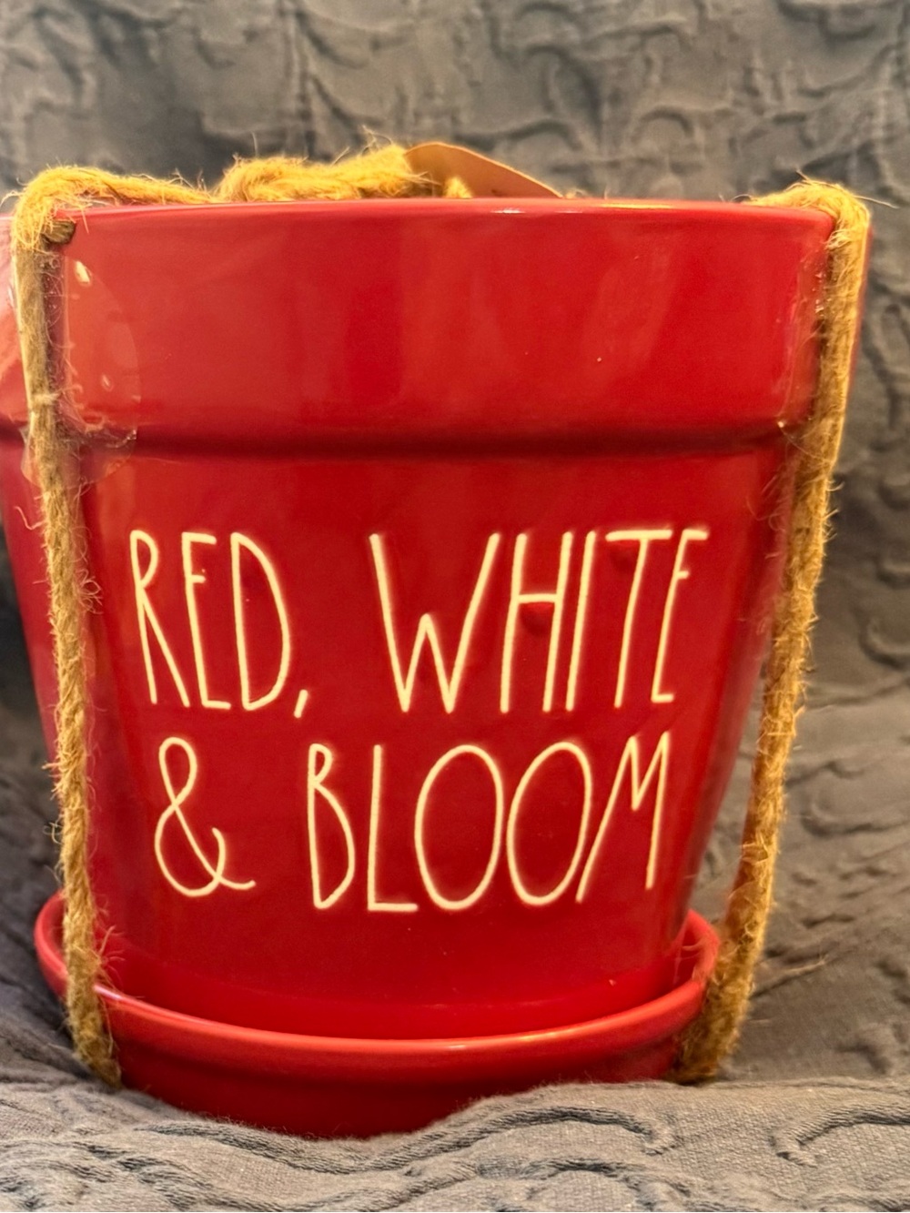 Rae Dunn Red Ceramic Planter with White Lettering and Rope Handles